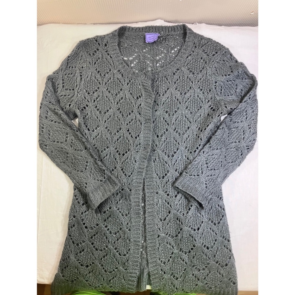Michelle Nicole Gray Wool Blend Pointelle Knit Open Front Duster Cardigan Large